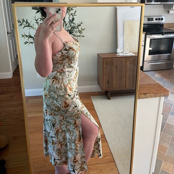 Floral Sage Green, Satin Midi Slip, Bridesmaid or Wedding Guest Dress - Picture 1 of 10